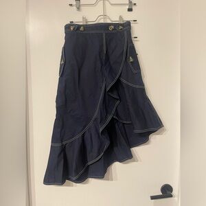 Self-Portrait Navy Asymmetric Ruffle Midi Skirt with Contrast Stitching